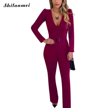 

2019 Autumn Deep V Jumpsuits Women Long Sleeve Casual Slim Playsuits Women Spring Sexy Bodycon Long Female Rompers With Belt
