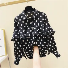 

2021 Spring Summer New Ladies Shirt Korean Fashion Streamer Blouse Long Sleeved V-neck Chiffon Shirt Polka Dots Casual Women Top