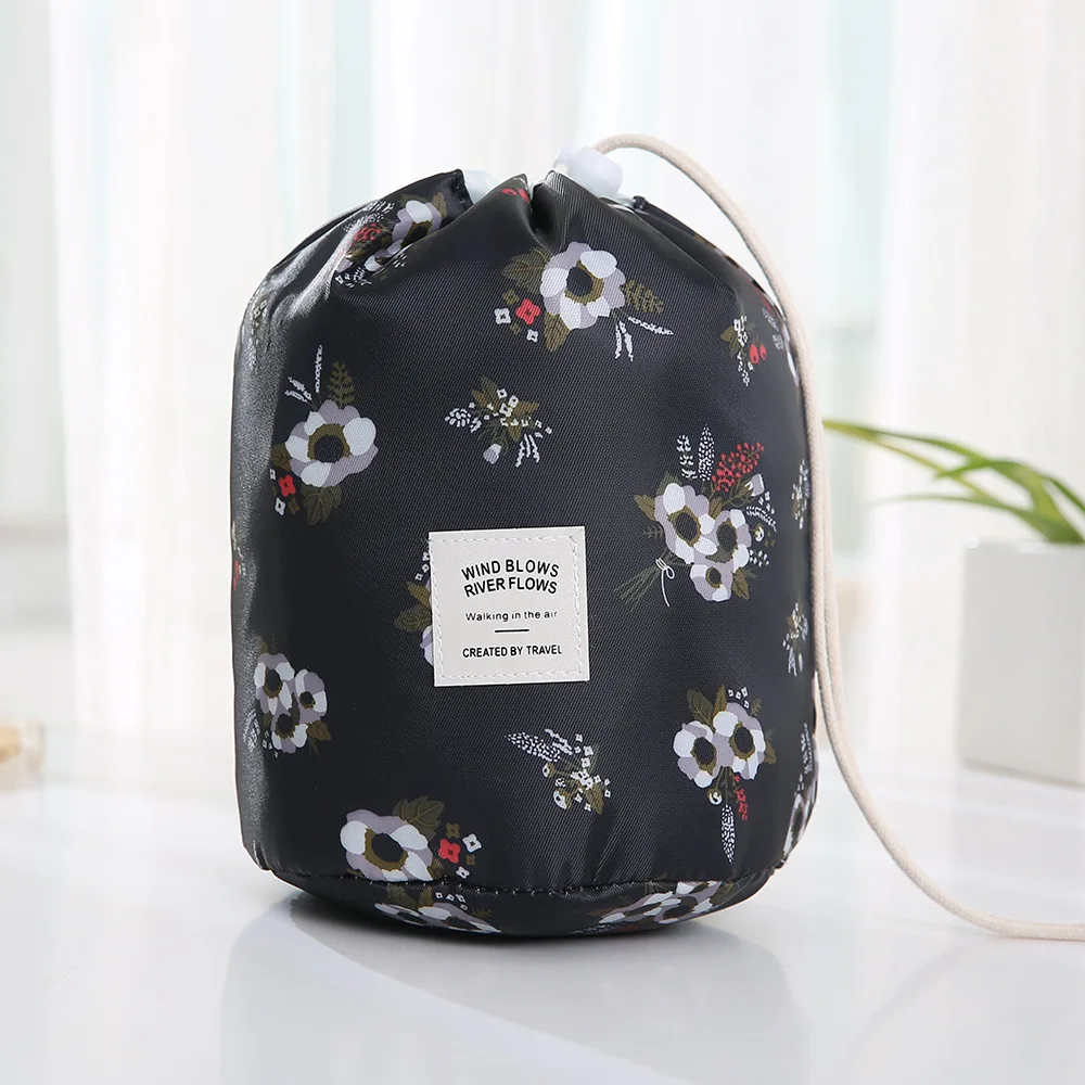 Black flower UOSC, женская косметичка для ленивых, на завязках, круглая, для путешествий, косметичка, органайзер, чехол для макияжа, сумка для хранения, набор туалетных и косметических принадлежностей, Neceser - Цвет: Black flower