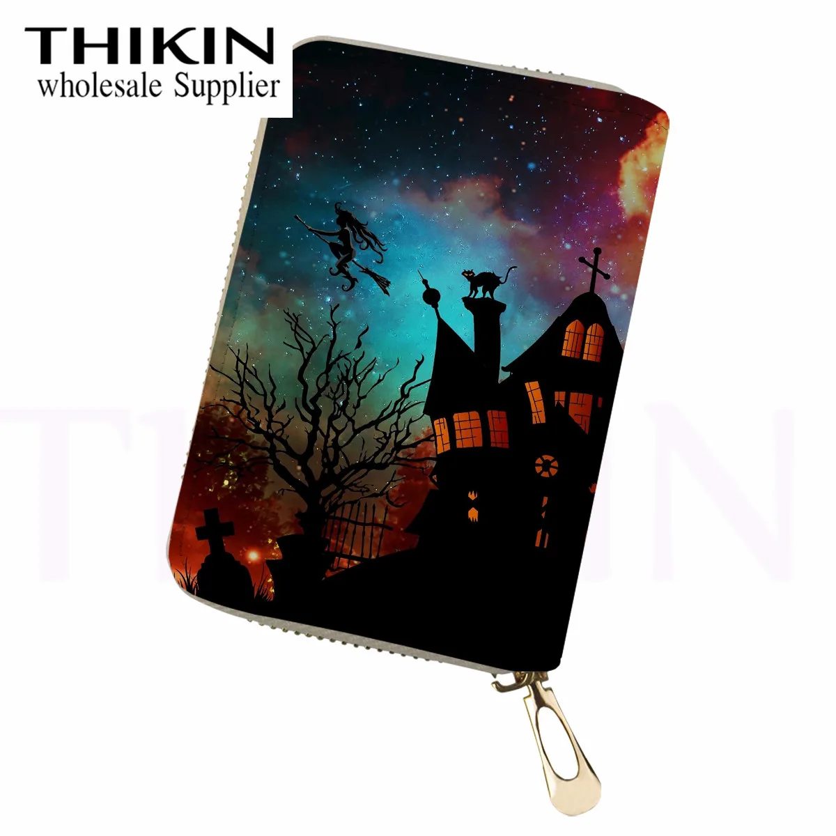 as picture THIKIN Halloween Bat Print Women Credit Business Card Holder Protector Organizer Candy Pumpkin Ladies Wallet Small Coin Pocket - Цвет: as picture
