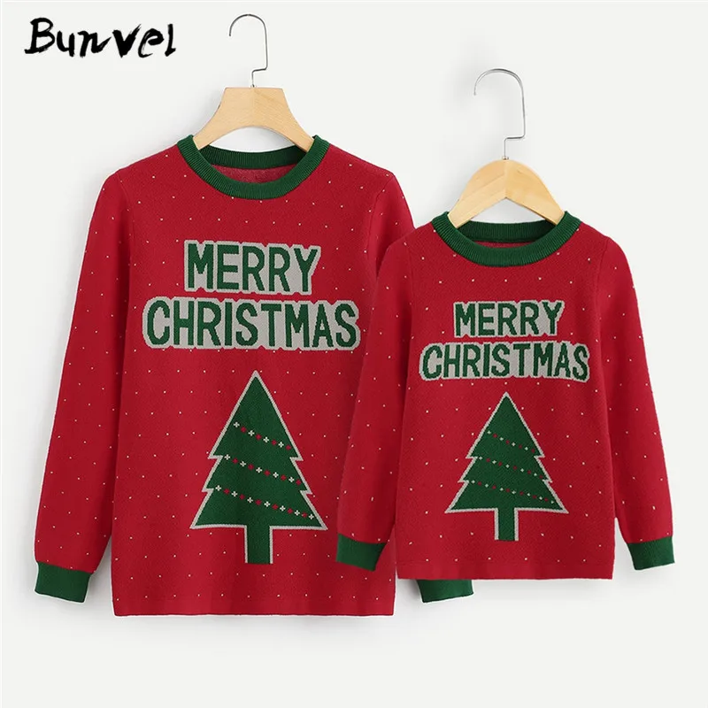 Bunvel/Рождественские одинаковые комплекты для семьи; свитер с надписью «Рождественская елка» для мамы и дочки; топы; одежда «Мама и я»; f - Цвет: Красный