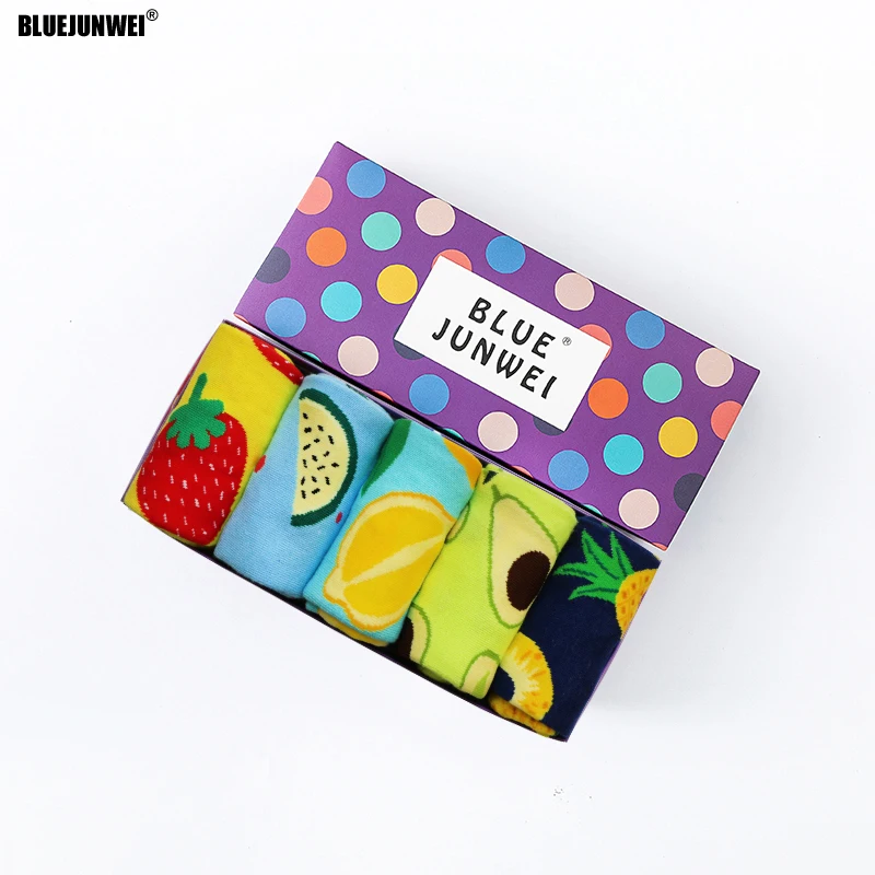 

5 Pairs With Box Men Women Fashion Fruit Harajuku Combed Cotton Socks High Quality Cartoon Hip Hop Art Happy Socks