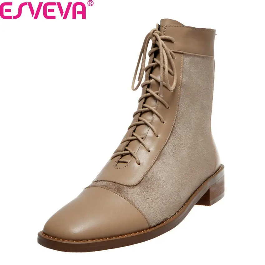 

ESVEVA 2020 Patchwork Cow Leather Flock Square Toe Lace Up Zipper Ankle Boots Autumn Winter Square Heel Women Shoes Size 34-39