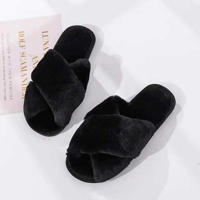 Winter Women House Slippers Faux Fur Fashion Warm Shoes Woman Slip on Flats Female Slides Black Pink cozy home  furry slippers Black