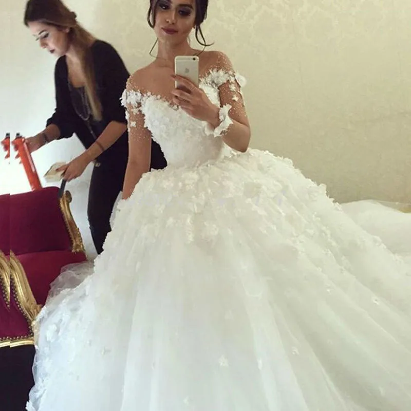 Бальное платье vestido de noiva, иллюзионный вырез, арабское свадебное платье с длинными рукавами и цветами, белые платья для матери невесты