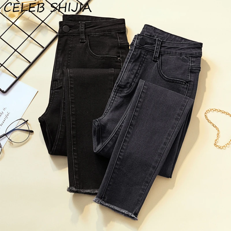 2020 New Arrive Woman Skinny Jeans Black Gray High Waist Elastic Denim Pencil Pants Mon Korean Fashion Solid | Женская одежда