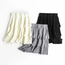 Винтажная зимняя Гибкая эластичная мини-юбка с высокой талией и оборками, многослойная теплая трикотажная юбка для женщин, серые черные юбки