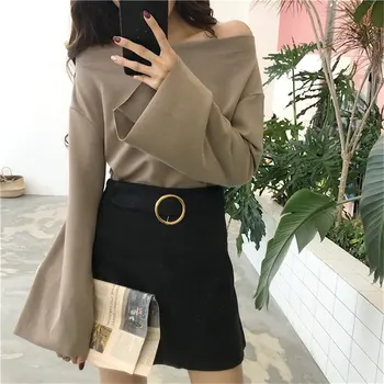 

Alien Kitty All Match Flare Sleeves Slash-Neck Sexy Knitted 2019 Korea Sweet Slim Bare Shoulders Fashion Women Solid Sweaters