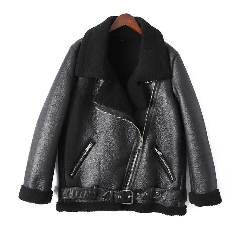 FMFSSOM зимняя куртка из искусственной овечьей кожи, Женская куртка из искусственной овечьей кожи, меховая замшевая куртка, пальто, женская теплая плотная верхняя одежда - Цвет: Черный
