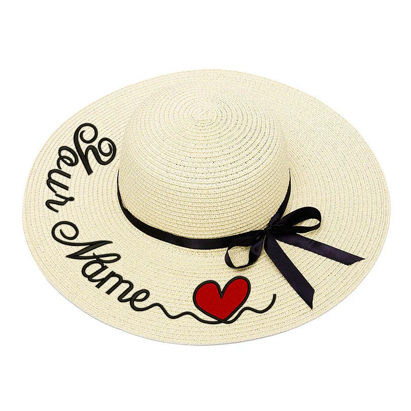 

Embroidery Personalized Custom Heart LOGO Your Name Women Sun Hat Large Brim Straw Hat Outdoor Beach hat Summer Autumn Caps 2020