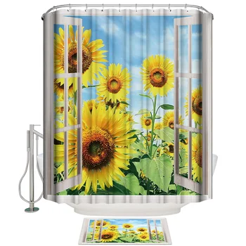 

Creative Window View Of Sunflower Field Shower Curtain Set Waterproof Fabric