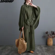 

DIMANAF Women Two Piece Set Casual Home Wear Office Lady Tops Shirts Pockets Loose Long Pants Oversized Spring SummerOversize