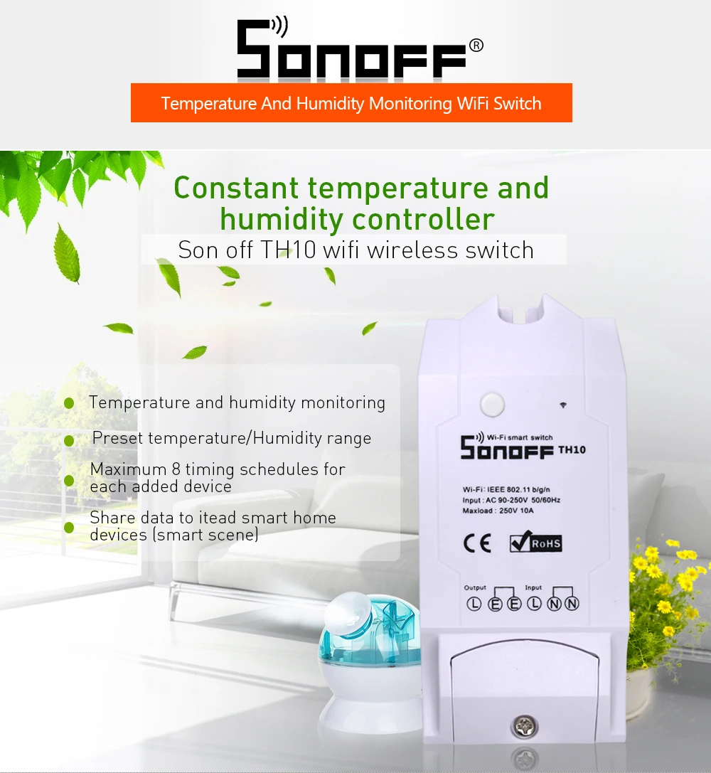 Sonoff TH10 Temperatur und Feuchtigkeitsmessung WLAN Schaltrelais für Smart Home 