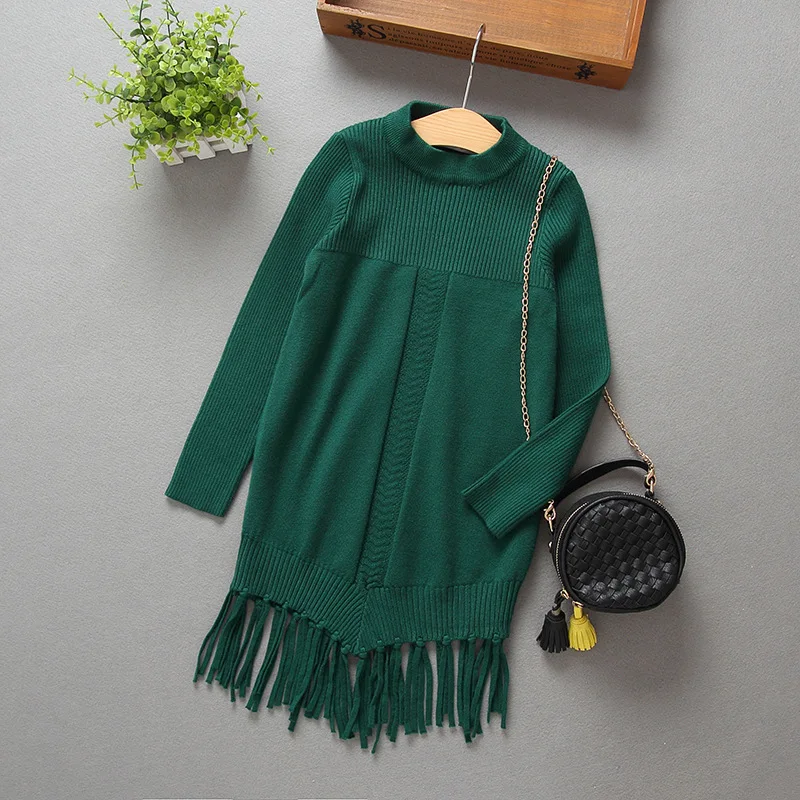 Осенне-зимнее платье для девочек платье для отдыха с кисточками зимнее объемное трикотажное платье с длинными рукавами одежда для девочек