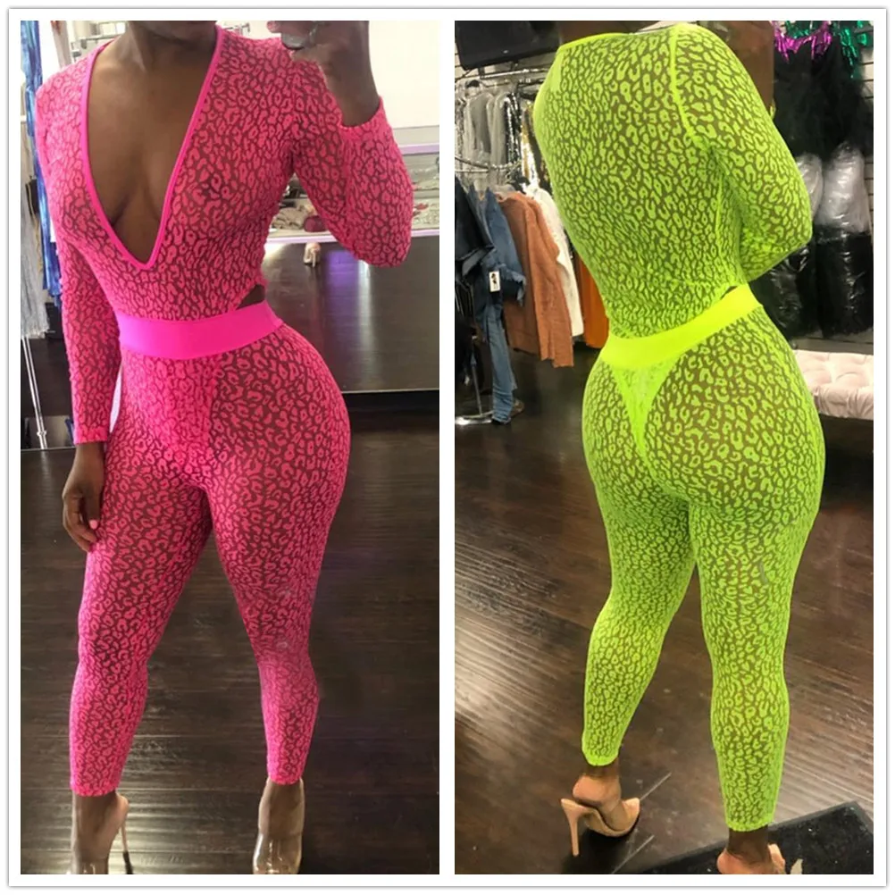 

Mesh Leopard Print Sexy Deep V Collar Fitness Jumpsuit Workout Sport Clothes for Women Hollow Fluorescent Color Tight Yoga Set
