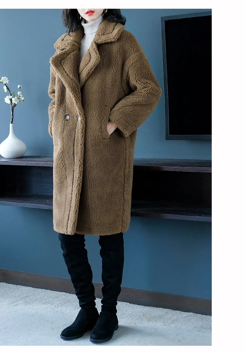 Зимние женские меховые пальто высокого качества из натуральной овечьей шерсти Роскошные Длинные повседневные толстые теплые женские пальто больших размеров синий цвет