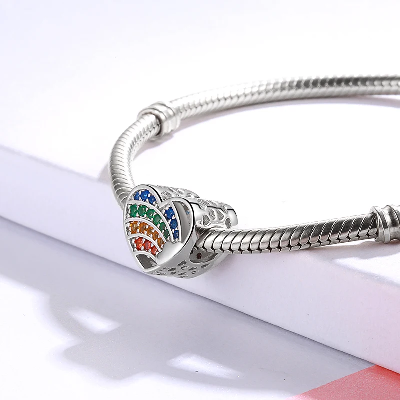 MANBU Мода Сердце Радуга Красочные CZ Шарм бисера fit pandora браслет серебряные бусины 925 пробы для женщин ювелирные изделия аксессуары