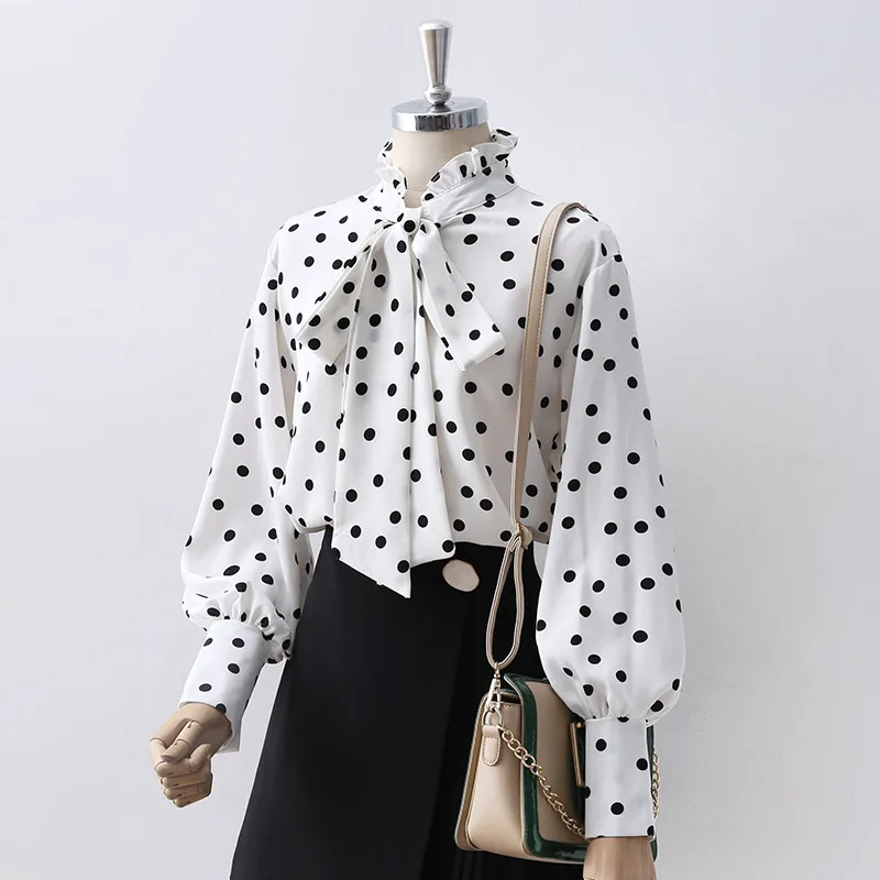 

2019 new fashion women's polka dot shirt female long sleeve fashion bow tie OL blusa top