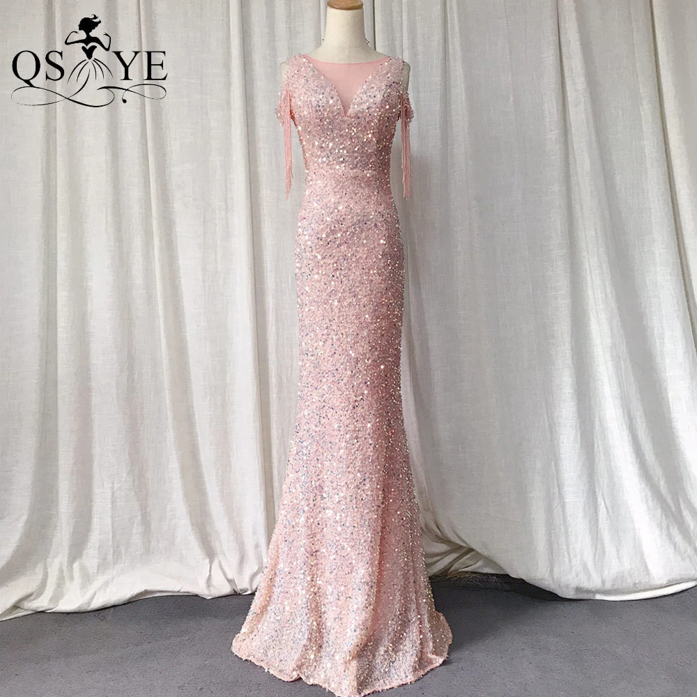 Sparkle Pink Evening Dresses Beading Side Sleeves Sequin Prom Gown Fit Glitter Party Dress Mermaid V Neck Women Formal Gown 2021 white evening dresses