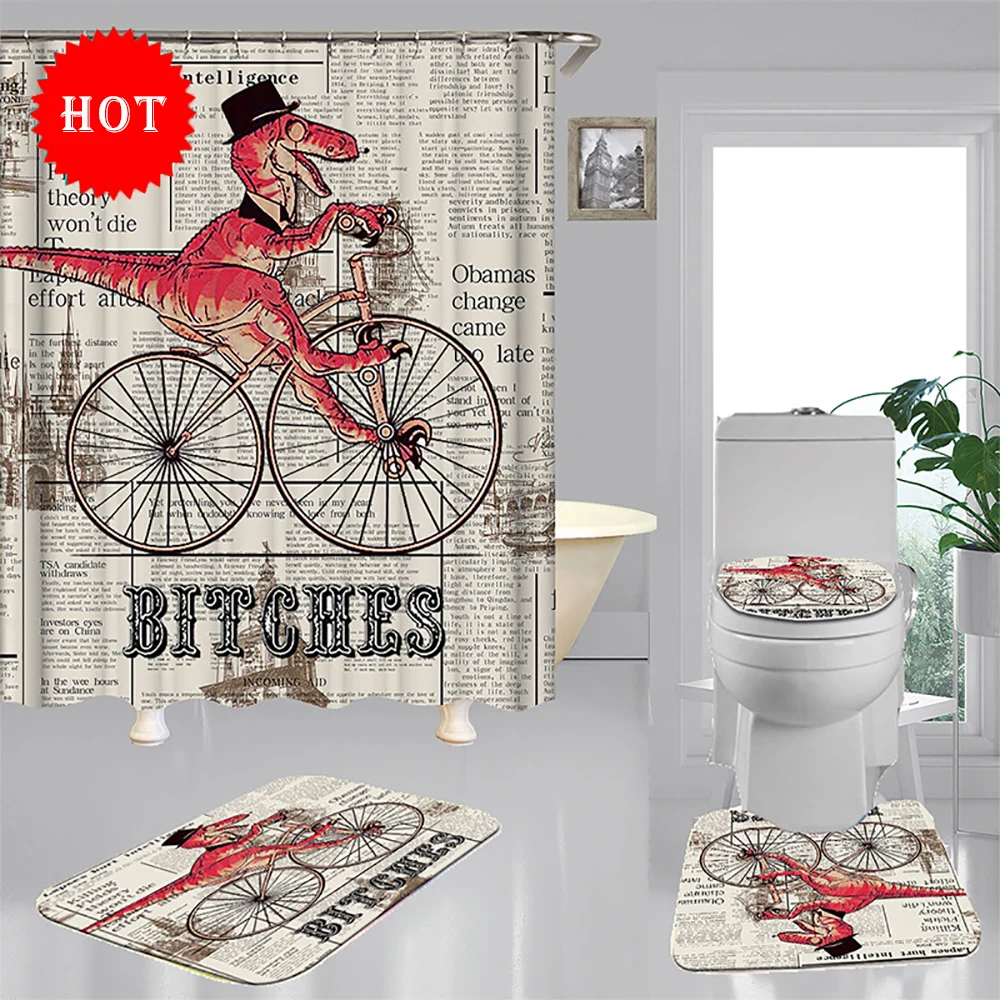 

Funny Bike Dinosaur Waterproof Shower Curtain 4 Piece Carpet Cover Toilet Cover Bath Mat Pad Set Home Bathroom Decoration