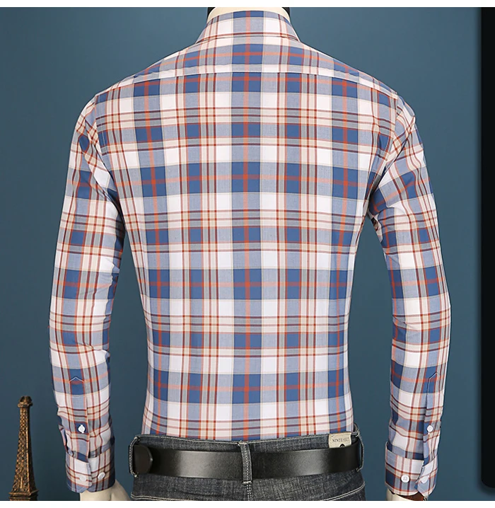 Men's Fashion Versatile Plaid Checkered Cotton Shirt Casual Standard-fit Long Sleeve Pocketless England Style Gingham Shirts