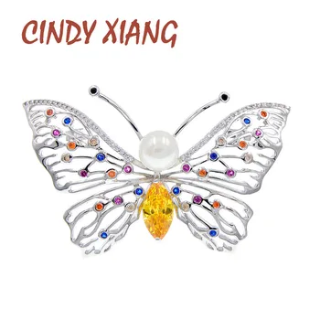 

CINDY XIANG Cubic Zirconia Butterfly Brooches For Women Luxury Hollow-out Insect Pin Brooch Pearl Colorful Accessories For Coat