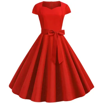 

2019 Summer Vintage Dress Robe Femme Women Solid Red Black Square Collar Retro Rockabilly Party Dresses Belt Vestidos Plus Size