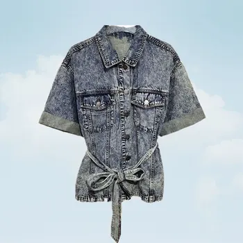 

Washed Denim Shirt Jacket Coat Female 2020 Summer Wild Short sleeve Single-breasted Brushed Small Coat Women Lace up Waist BW267