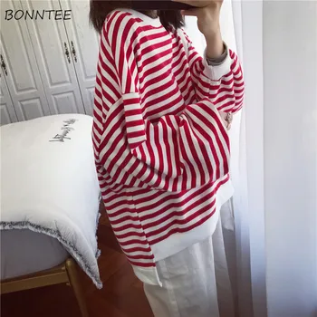 

Hoodies Women Long Sleeve Simple All-match Fashion Korean Style O-Neck Daily Striped Womens Clothing High Quality Leisure Chic
