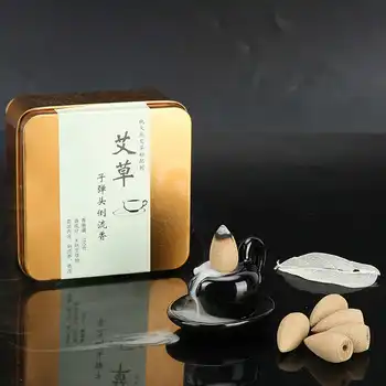 

60pcs Backflow Incense Natural Wormwood Fragrance Aromatherapy Incense Cones with Base Disinfection Pain Relief Health Care
