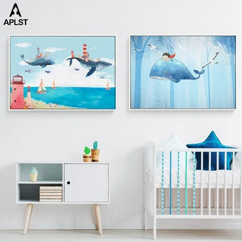 

Kid's Amazing Sea World Canvas Prints Cartoon Nursery Flying Whale & Fish Wall Art Poster Baby Infants Room Picture Decoration
