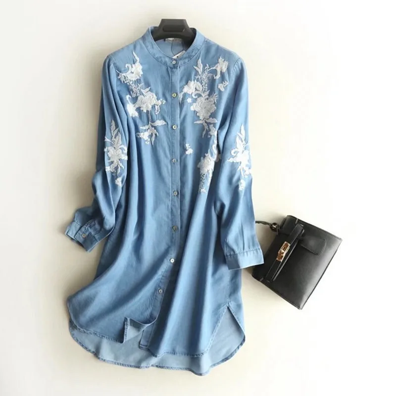 2020 Spring New Stand Collar Floral Embroidery Denim Dress Long Sleeve Single Breasted Casual Jean Women Loose Fit Vestido | Женская