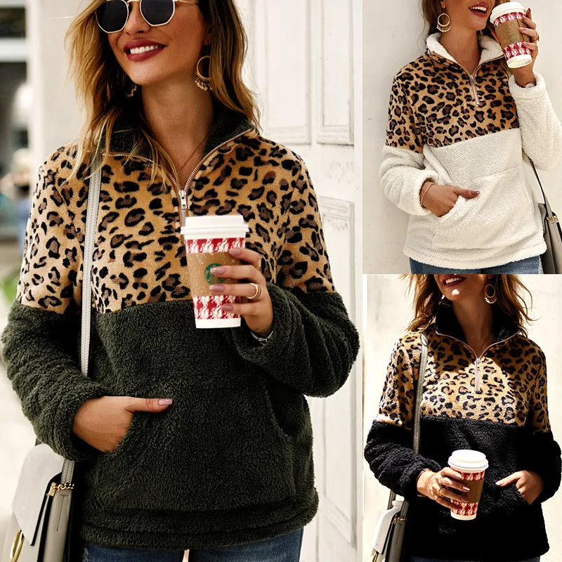 

Leopard Patchwork Zipper Warm Fleece Slim Top Women Autumn Winter Sweatshirt Streetwear Lapel Long Sleeve Casual Hoodies Casual