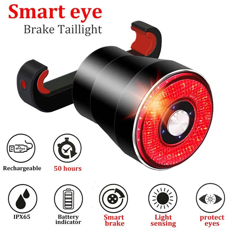 Bike Sensor Light Taillight Intelligent Induction Brake Rear USB Rechargeable LED Bicycle Safety Smart Lamp Cycling and Motorcycles Accessory 