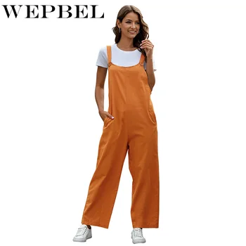

WEPBEL Women Vintage Playsuit Casual Sleeveless Backless Button Solid Color Loose Romper Overalls