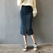 Осень Зима новая высокая талия пакет бедра юбка вязание сплит сплошной Повседневная Женская Офисная Женская юбка