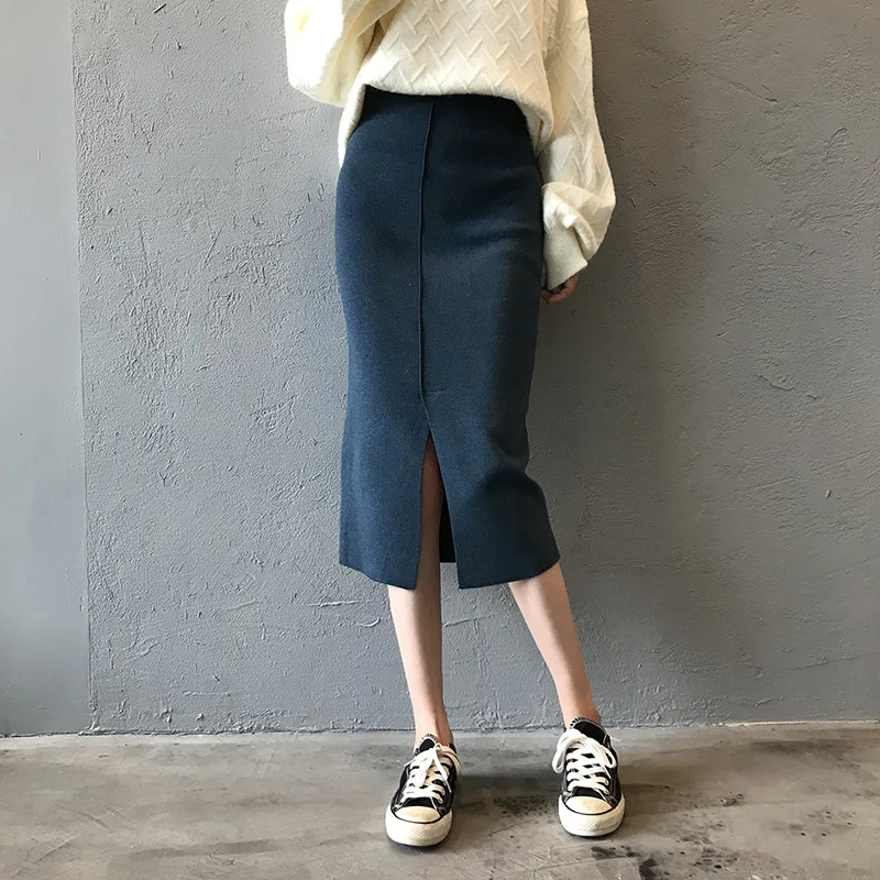 

Autumn Winter 2019 New High Waist Package Hip Skirt Knitting Split Solid Casual Women's Skirt Office Lady