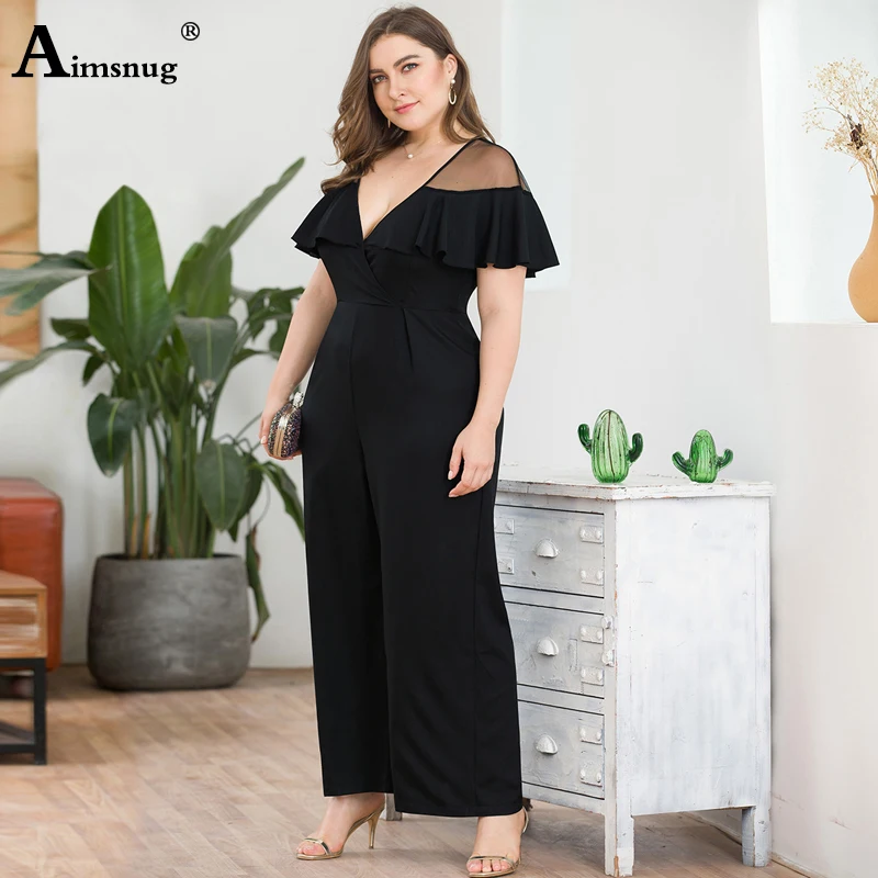 Большие размеры 3xl 4xl Сексуальная сетчатая однотонная строчка гофрированная сексуальная глубокий v-образный вырез короткий рукав Летняя с высокой талией женские широкие комбинезоны