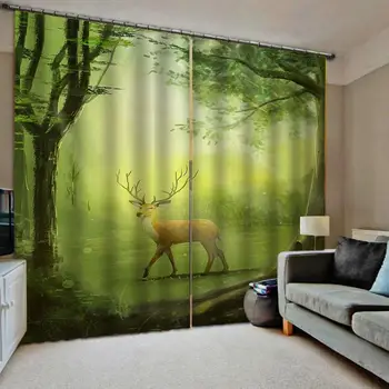 

3D Deer Forest Green Windows Curtains Thin for Kids Beautiful Scenery Living Room Bedroom Kitchen Curtains Drapes Custom