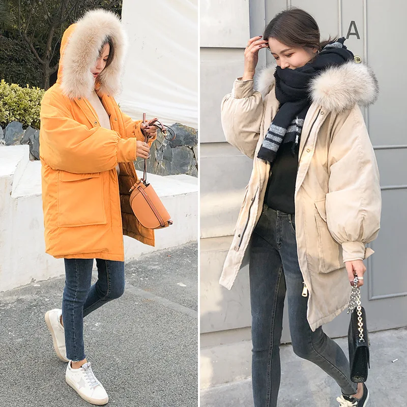 

Cotton-padded Clothes Women's 2018 New Style Winter Peach Skin Large Pocket Mid-length down Jacket Cotton Women's Large Fur Coll