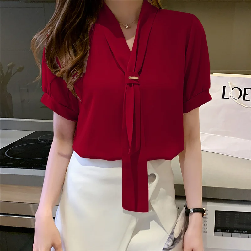 Blusas blancas De manga corta para Mujer, blusa De Moda con lazo y cuello en camisa De gasa para E926 2022 - AliExpress Ropa de mujer