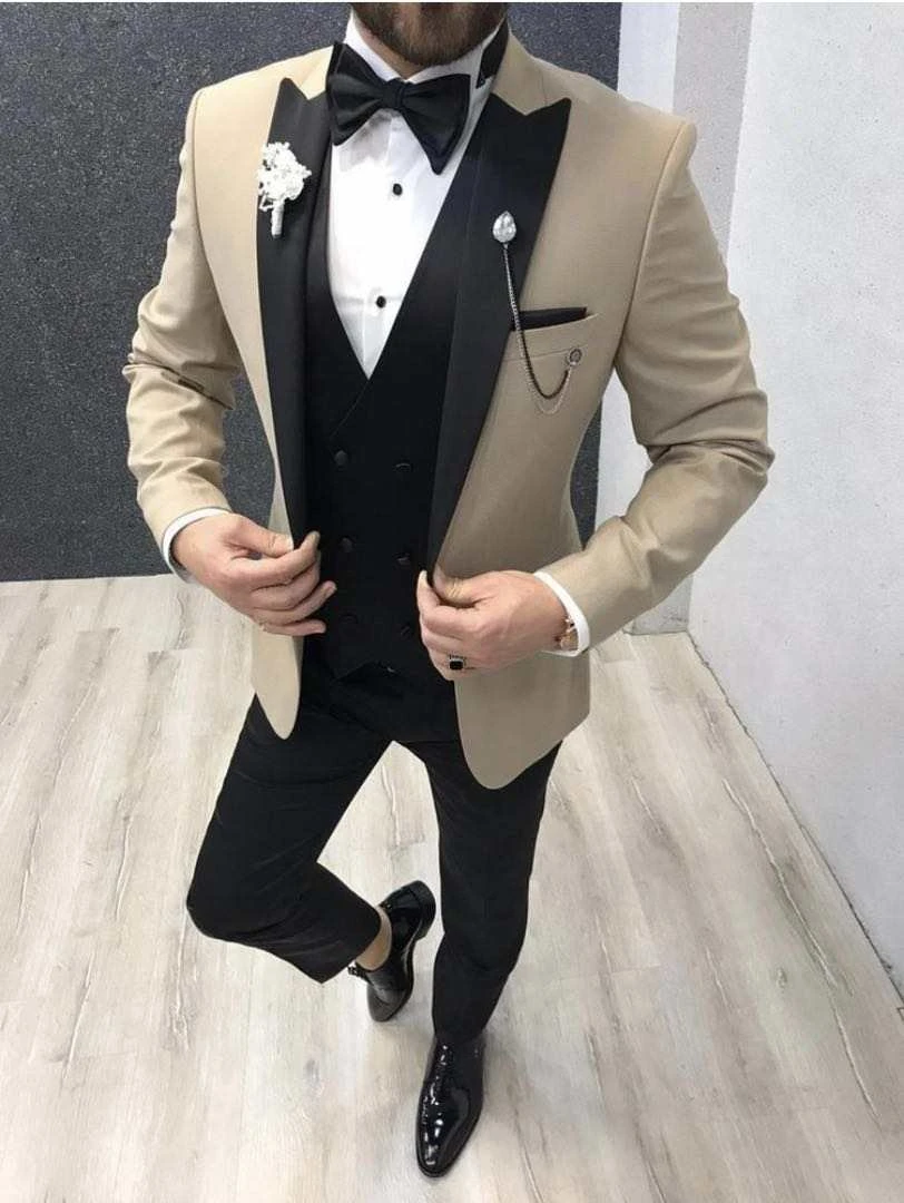 Custom Made Beige Men Suits For Wedding Slim Fit Groom Tuxedo Blazer ...