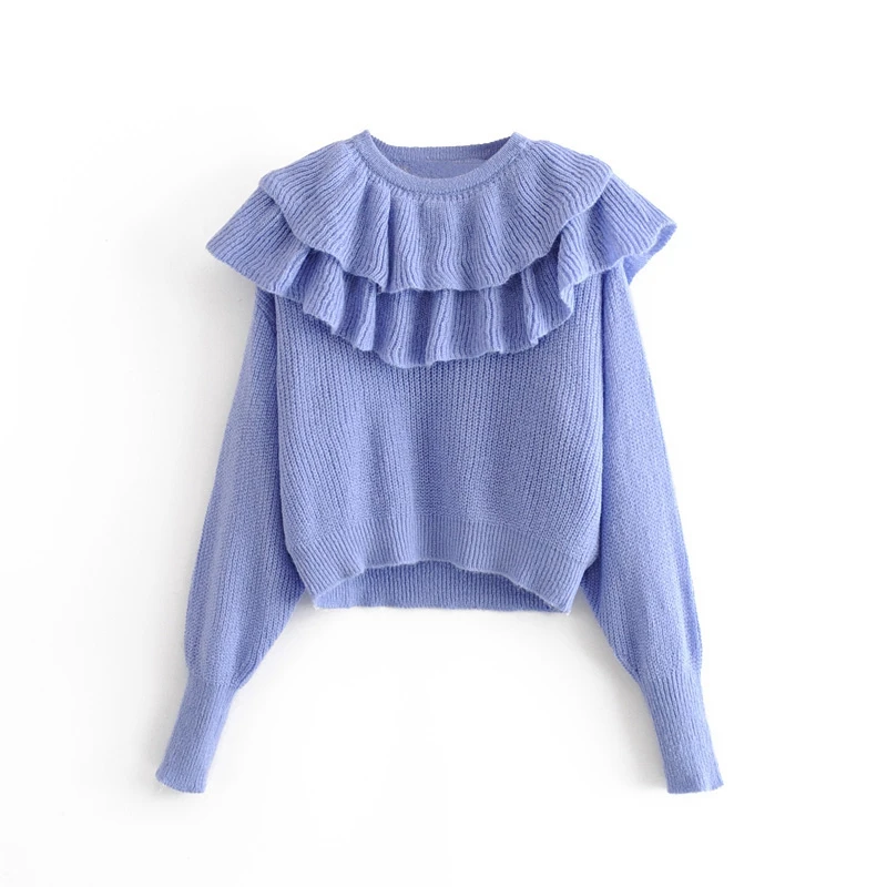 Tangada Модный женский синий милый свитер с оборками и длинным рукавом короткий стиль мягкий джемпер женская вязаная одежда 3H125 - Цвет: Синий