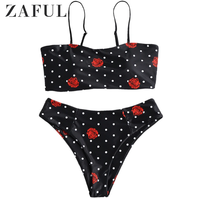 

ZAFUL Rose Print Polka Dot Plus Size Bandeau Bathing Suit Flower Printed Bikini Set Padded Two Piece Swimwear Summer Beachwear
