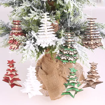 

DIY Wooden Christmas Tree Pendants Xmas Tree Hanging 3D Rotate Snowflake Star Ornaments Small Bell Home Office Decoration Gift