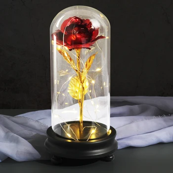 

Creative Plated Gold Eternal Rose Flowers Beauty And The Beast Red Rose In Glass Dome Valentine's Day Gift Wedding Deco