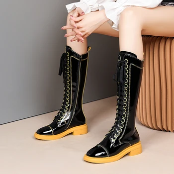 

Cross Tied Women Knee High Boots Party Dancing Shoes Woman Genuine Leather med Heels Autumn Winter Fashion Riding Boots