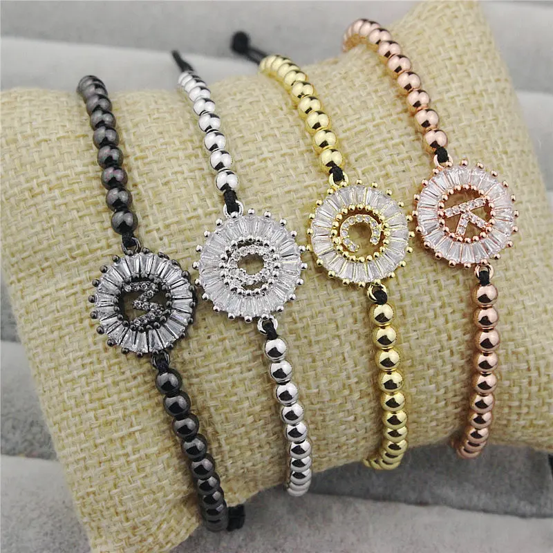 adjustable 4mm bead 10pcs/lot Fashion bead bracelet, miulti color CZ letter charm bracelet, handmade cz cham bracelet jewelry