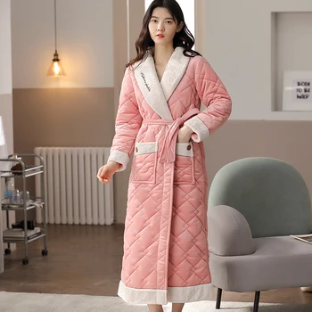 겨울 여성 3 레이어 누비 이불 목욕 가운 두꺼운 플란넬 가운 잠옷 큰 야드 기모노 바느질 가운 여성 따뜻한 라운지