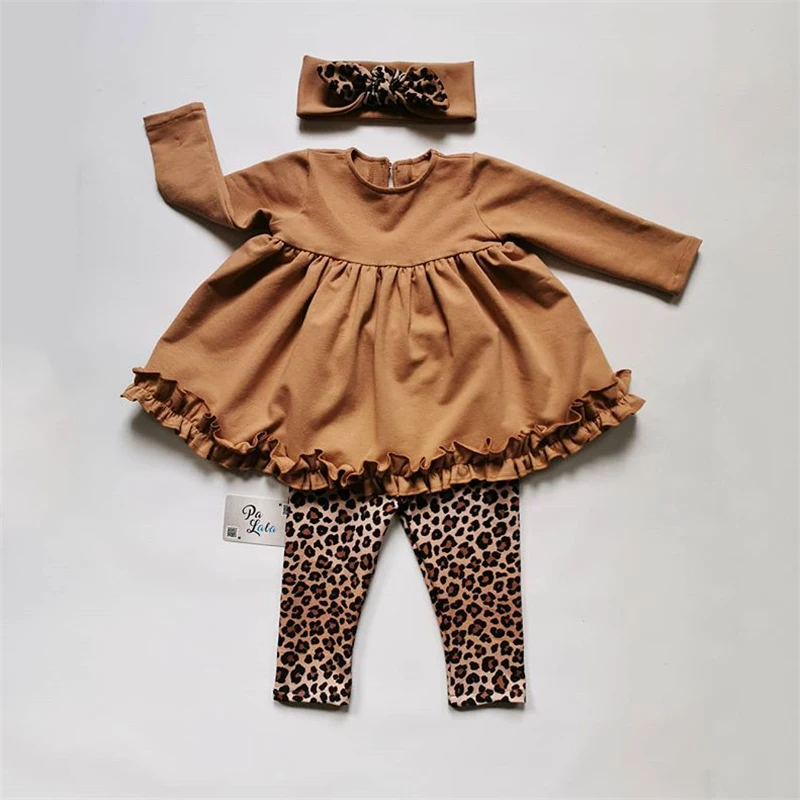 New Autumn Winter Toddler Kids Baby Girls Clothes Tracksuit Sets Ruffle Long Sleeve Tops Leopard Pants Headwear Outfits